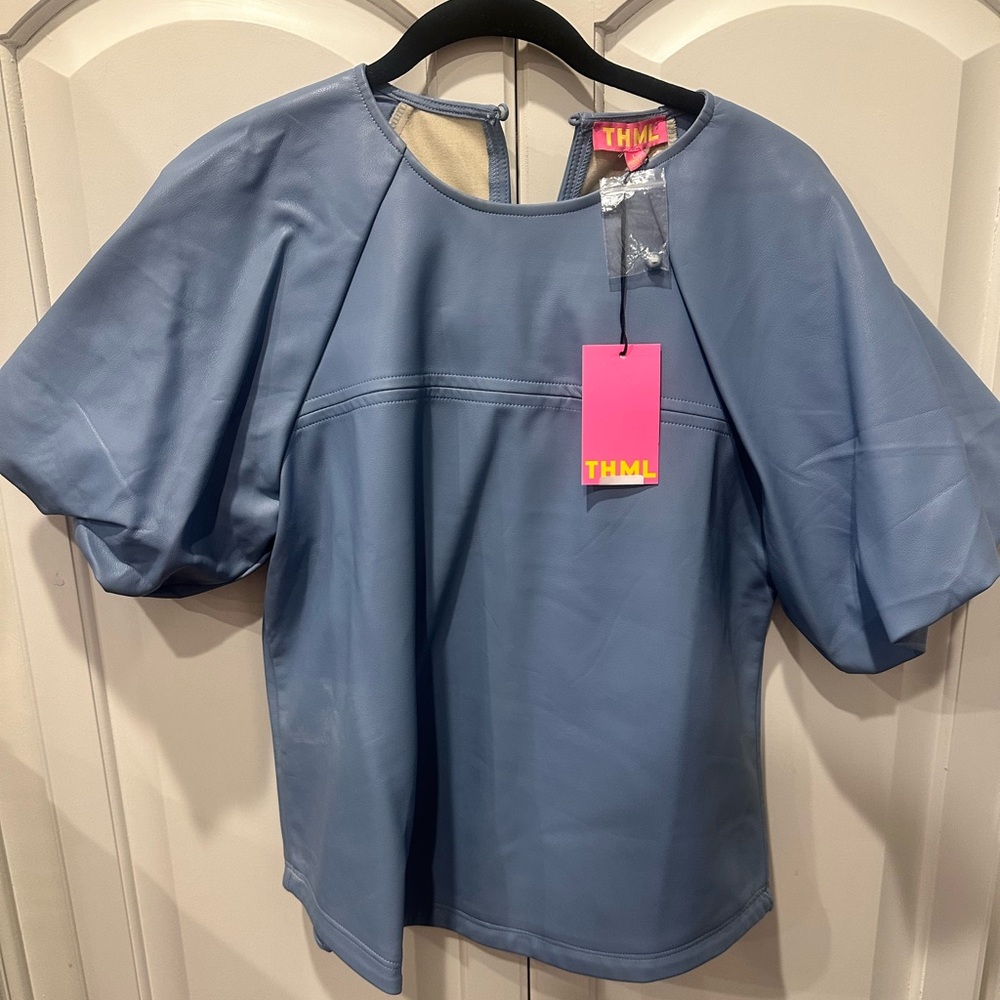 THML faux leather blue puff sleeve blouse top NWT large